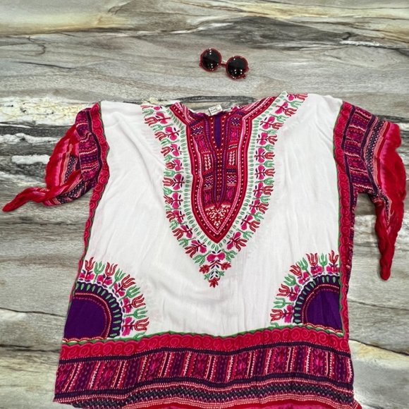 Women's Advanced Apparels One Size Boho Tribal Tunic Shirt Top in White Pink - Picture 7 of 8